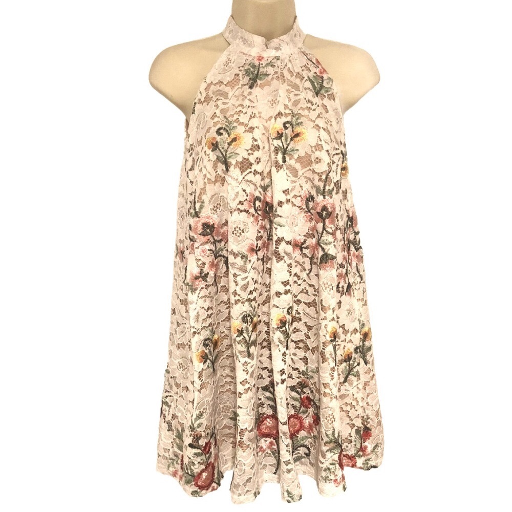 Badgley Mischka Womens Elegant Halter Lace Overlay Dress White‎ Floral Size 10